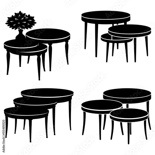 Four arrangements of round tables isolated on white background