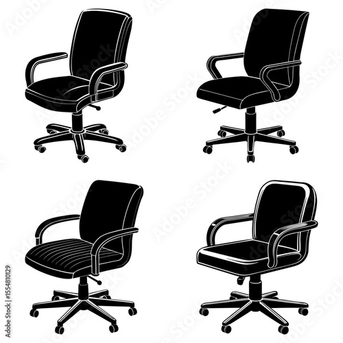 Four office chairs in different styles isolated on white background