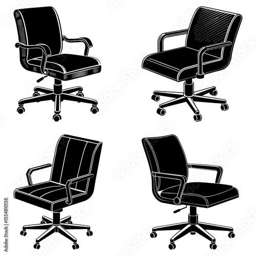 Four different office chairs isolated on white background