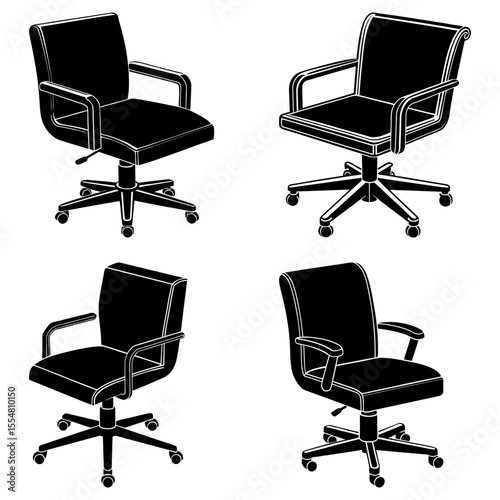 Four different styles of office chairs isolated on white background