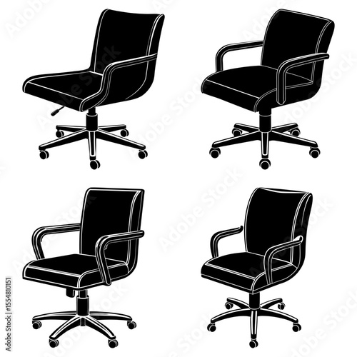 Collection of office chairs isolated on white background in various styles