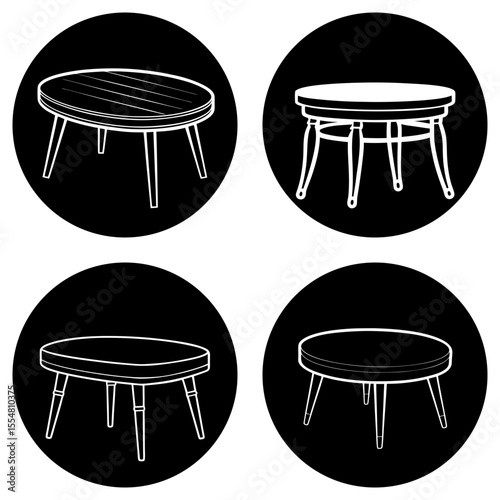 Furniture icons featuring round tables in black and white design elements