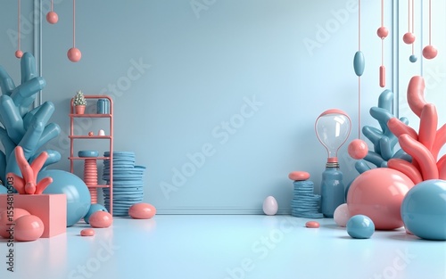 Tech logo background. Simple floor diversified with various office objects. 3D Render. High quality