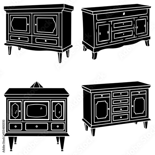 Four vintage cabinet furniture illustrations with different designs