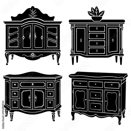 Collection of antique cabinets isolated on white background