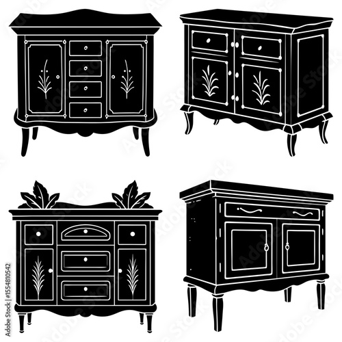 Four vintage cabinet furniture illustrations with floral decorations