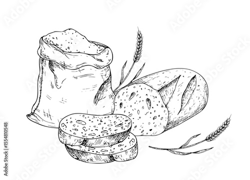 Vector sliced bread and wheat in a rustic canvas bag. Vintage outline hand drawn illustration perfect for organic bakery branding. Detailed design ideal for farm-to-table or harvest-themed content