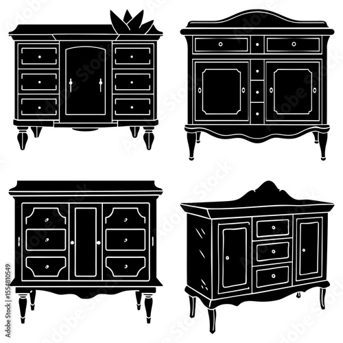 Collection of antique cabinets isolated on white background