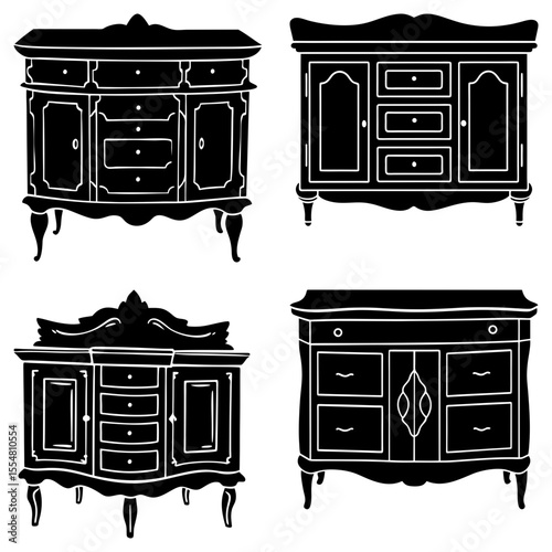 Four different vintage cabinet furniture illustrations in a set