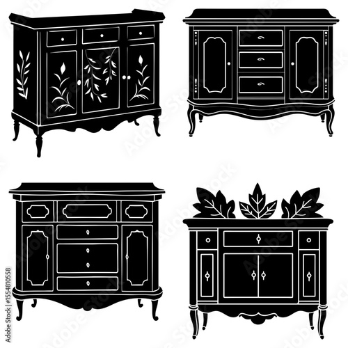 Collection of antique cabinets isolated on white background