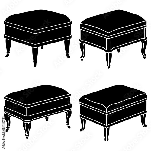 Four black ottoman isolated on white background with different styles
