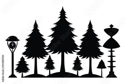 Silhouettes of evergreen trees in a forest setting