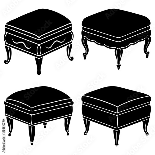 Four black ottoman isolated on white background show different design