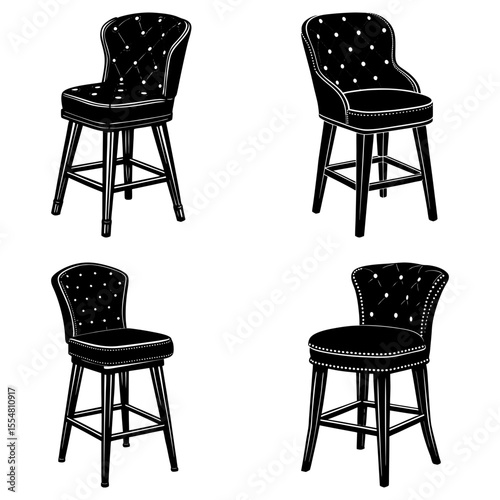Collection of upholstered bar stools isolated on white background