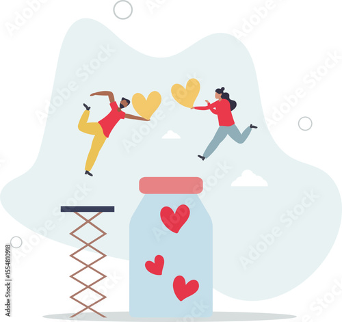 Cartoon tiny people holding hearts to throw into donation glass jar . character life .
