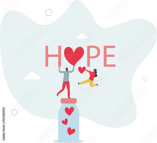 Cartoon tiny people holding hearts to throw into donation glass jar near Hope word. character life .