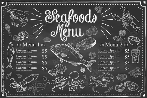 Hand-drawn seafood flavor. Restaurant menu template supported by shrimps, fish, crab.