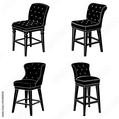 Four elegant barstools isolated on white background in a simple design