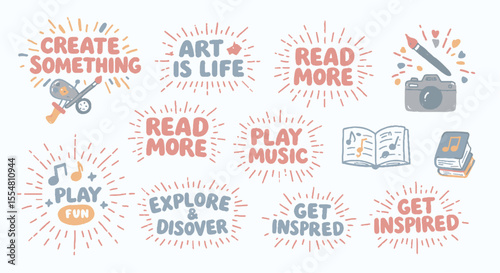 A set of graphic badges with inspirational phrases like "CREATE SOMETHING" and "EXPLORE & DISCOVER." Featuring playful typography and subtle icons, ideal for lifestyle, educational, and social media.