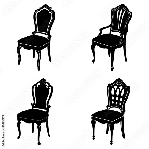 Four ornate antique chairs isolated on white background in silhouette