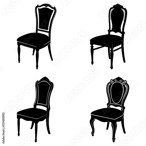 Four ornate antique chairs isolated on white background in silhouette