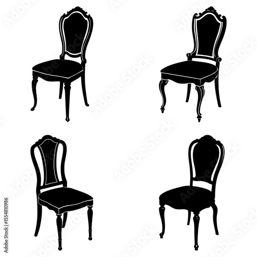 Four ornate antique chairs isolated on white background in silhouette