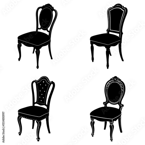 Four ornate antique chairs isolated on white background in silhouette