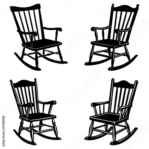 Four rocking chairs isolated on white background in a silhouette style