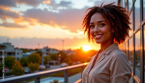 a person with curly hair is standing outdoors, likely at sunset, given the warm lighting