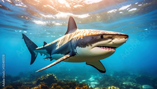 a shark swimming in the blue sea