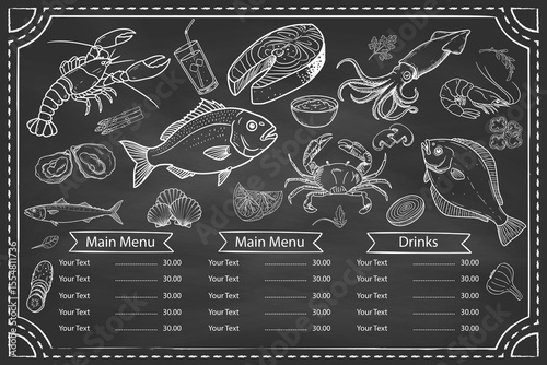 Restaurant menu enriched with shrimps, crabs, calamari and fish. Contains hand-drawn details.