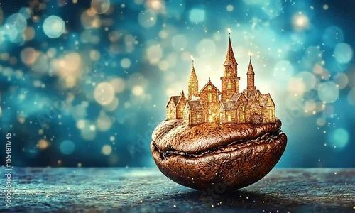 Miniature castle town on a coffee bean, glowing with magic