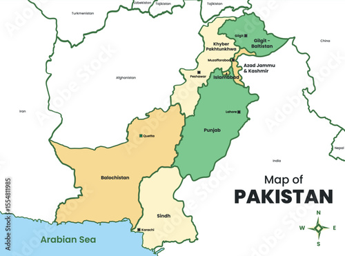 Labeled political map of Pakistan with provinces, cities, and neighboring countries – vector illustration