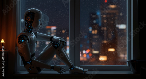 A humanoid robot sitting alone at a window, gazing at the city lights, humanlike sadness in its synthetic eyes, soft rain outside, warm indoor lighting