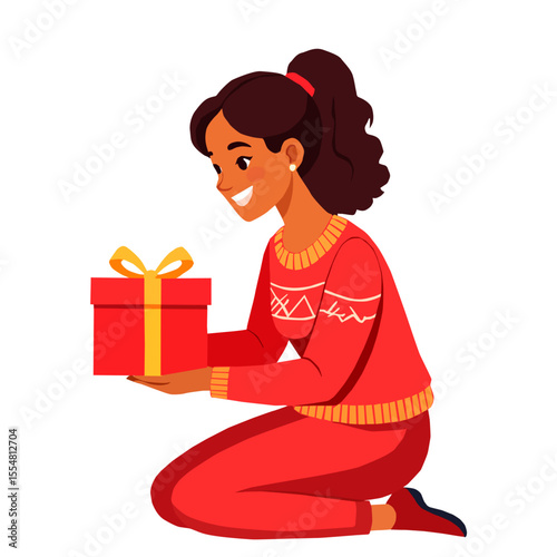 Smiling woman wearing a Christmas sweater holding a red gift with a yellow bow. Vector illustration in flat style on a white background, a concept of celebration and gift-giving.