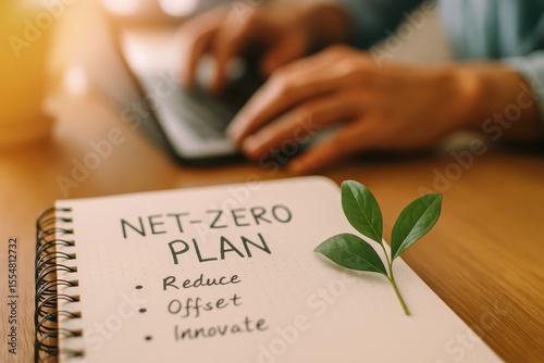 Notebook titled 'Net-Zero Plan' with leaf and handwritten goals on desk, person typing in background represents green strategy creation