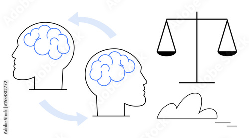 Two outlined human heads with brains connected by arrows near scales and clouds. Ideal for collaboration, decision-making, balance, intellectual growth, fair judgment, problem-solving, simple flat