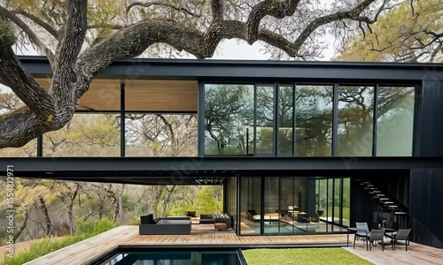 Modern House with Exposed Beams, Large Windows, and Lush Landscaping
