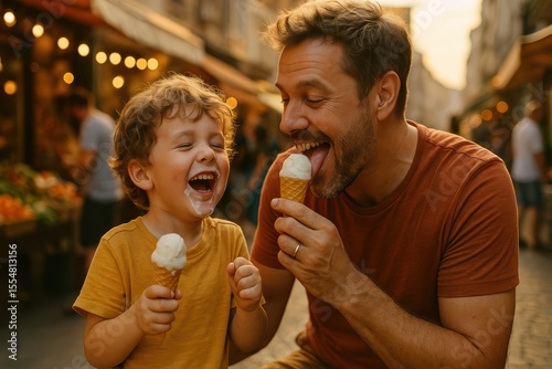 Father and son sharing ice cream cones and laughing together outdoors in warm urban setting with market lights