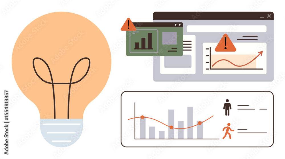 Obraz premium Light bulb as ideas, stat charts, error alerts, and data graphs focus on trends and issues. Ideal for innovation, analysis, risk, problem-solving, strategic planning decision-making simple flat