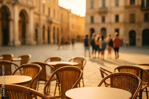 Empty round tables and wicker chairs on a city square with historic buildings and people walking in the background. Represents tourism and hospitality.
