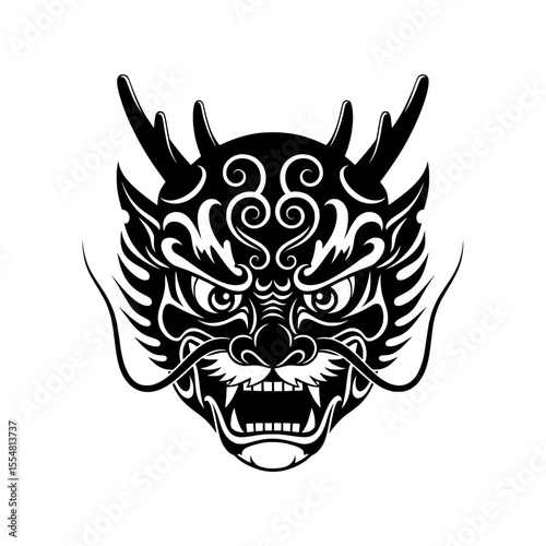 Black vector illustration of a dragon head with intricate oriental ornamental details