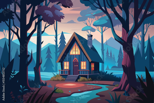 A charming, stylized illustration of a cozy cabin nestled in a tranquil mountain forest at twilight.