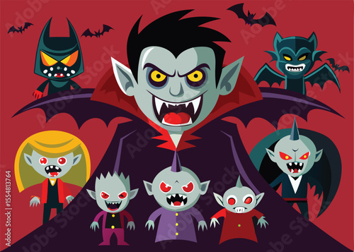 A vibrant illustration featuring a group of cartoon vampires and bats, set against a bold red background.