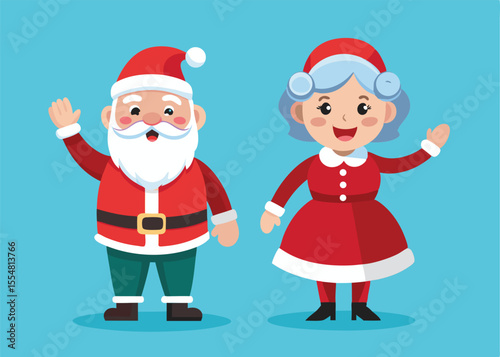 A cheerful cartoon illustration of Santa Claus and Mrs.