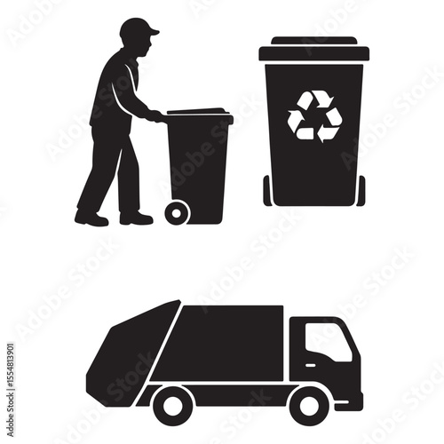 Recycling trash bin and garbage truck collection. Trash utility, disposal and recycling concept set Vector illustration