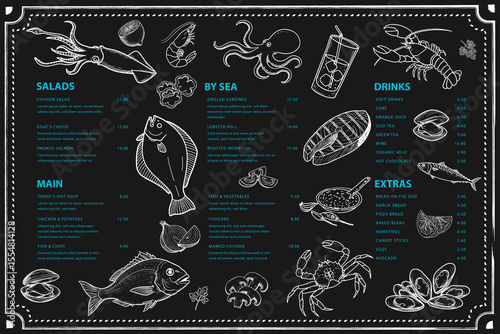 Seafood menu. Black background is highlighted with shrimp and crab drawings.