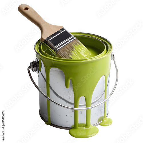 metal paint bucket with green paint dripping from brush on the rim on transparent background