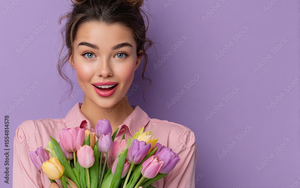 Fototapeta premium a beautiful woman holding a bouquet of tulips, looking at the camera and smiling, isolated on a purple background