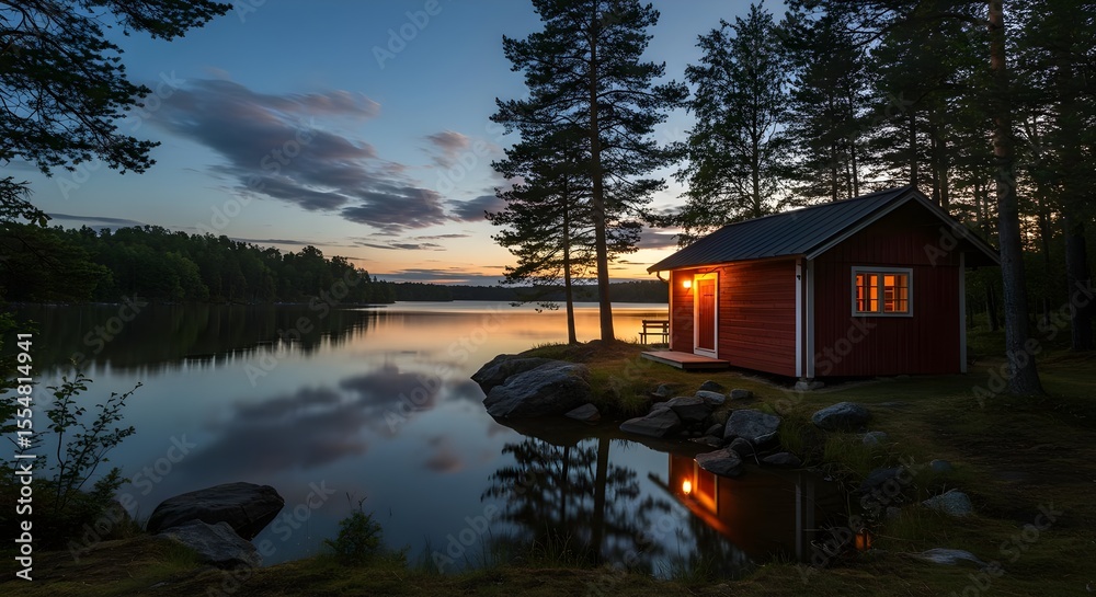 Fototapeta premium Cabin, Lake, Sunset, Lakeside Cabin at Sunset